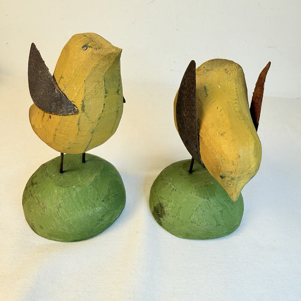 Lot Of 2 Rustic Yellow Carved Wooden/ Metal Birds